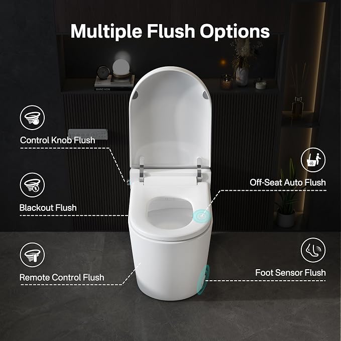 One Piece Smart Bidet Toilet, Foot Sensor Flush, Wash & Dry, White | Off Seat Auto Flush, Heated Seat, Instant Warm Water, Self Cleaning Wand, Adjustable Wash Settings, Pre Wet, Night Light