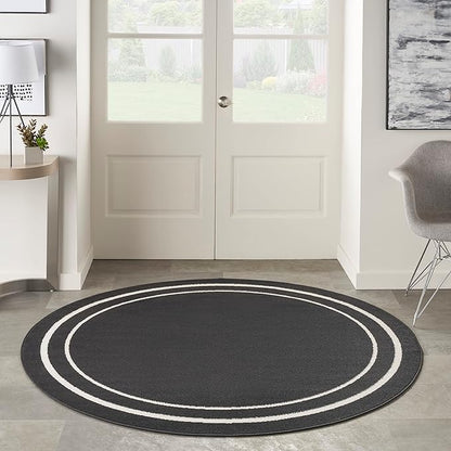 Nourison Home Nourison Essentials Black Ivory 6' x Round Area Rug - Easy Clean, Non Shedding, Bed Room, Living Room, Dining Room, Kitchen (6' x Round)