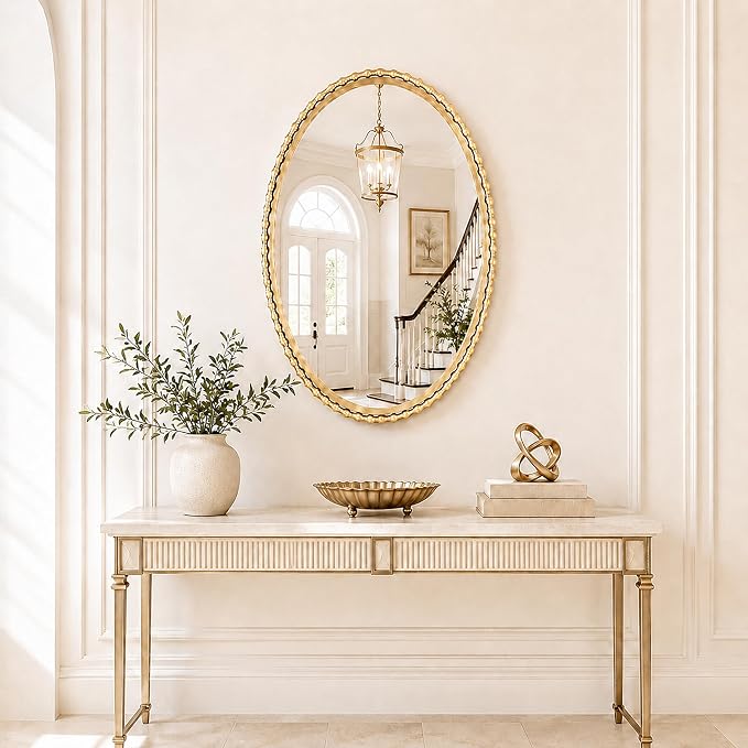 24"x36" Oval Wall Mirror, Antique Gold Bold Beaded Frame | Decorative oval mirror hangs vertically or horizontally for bathroom vanity, powder room, bedroom, entryway, or living room