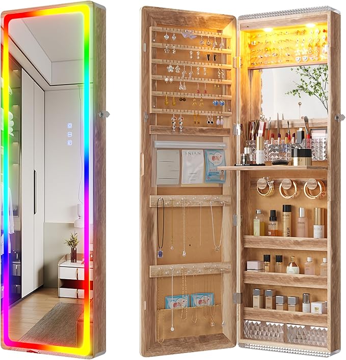 HNEBC Over the Door Jewelry Organizer with LED RGB Lights, 47.2" Full Length Mirror with Storage, Wall Mounted Jewelry Armoire, Hanging Mirror with 2 Drawers,Lokable,3 Shelves-Wood