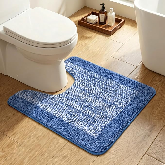 Toilet Rugs U-Shaped 24x19, Non-Slip Plush Shaggy Quick Dry Bathroom Contour Rugs, Extra Soft Absorbent Chenille Washable Bath Mat for Toilet Base, Blue