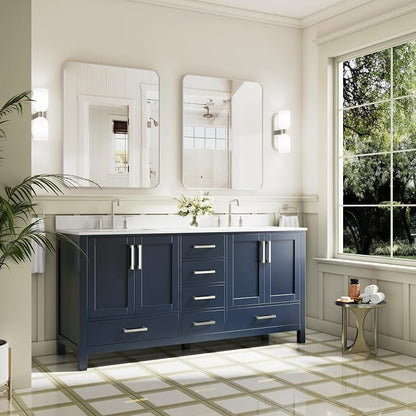 72-Inch Bathroom Vanity with Sink, 4 Soft-Close Doors and 6 Soft-Close Drawers, Bathroom Freestanding Vanity with Cultured Marble Countertop, Navy Blue Vanity with Brushed Nickel Handles