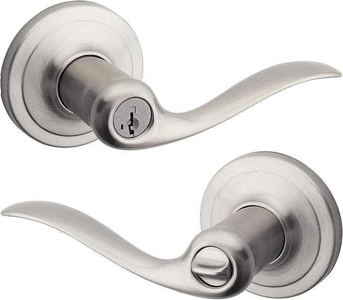 Kwikset Tustin Entry Door Handle with Lock and Key, Secure Keyed Reversible Lever Exterior, For Front Entrance and Bedrooms, Satin Nickel, Pick Resistant Smartkey Rekey Security and Microban