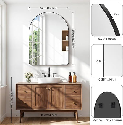 BONEWEI Arched Wall Mirror,36x48 inch Black Arched Mirror Bathroom,Vanity Mirror for Over Sink Metal Frame,Tempered Glass Arch Mirrors for Bedroom,Entryway,Living Room,Home Decor Shatter-Proof