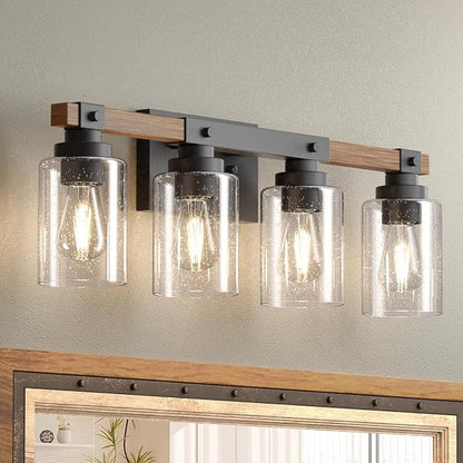 Amico 4-Light Farmhouse Bathroom Vanity Light, Seeded Glass, Black & Wood | Bubble Glass Shade Wall Sconce, Over Mirror Lighting for Bathroom, Bedroom, Living Room, Hallway, Powder Room, Entryway