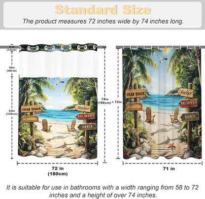 Summer Luxury Beach No Hook Shower Curtain Ocean Modern Coastal Palm Tree | Pretty Tropical No Hook Shower Curtain with Snap in Liner, Waterproof Ringless Shower Curtains for Bathroom 72x74 Inch Green