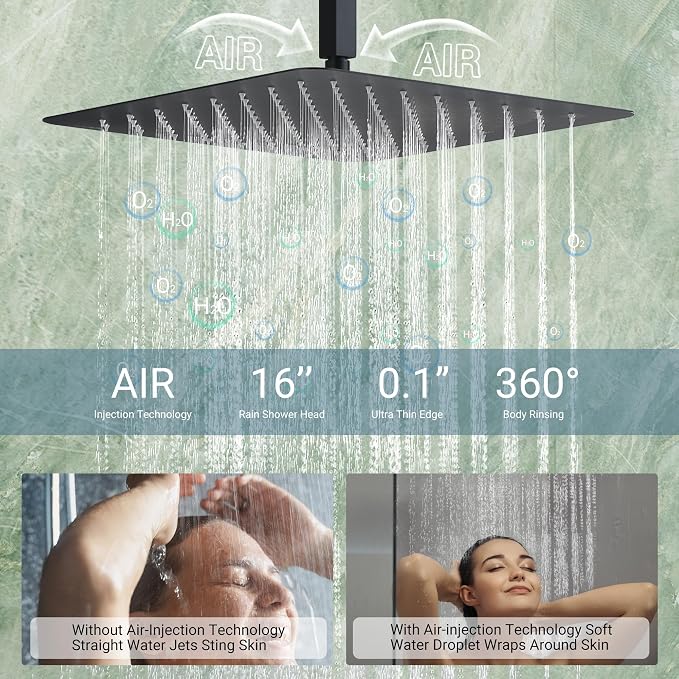 Dasan Thermostatic Dual Shower Head System with 6 Body Jets, 6-Inch Shower Head & 16” Rainfall Shower, Luxury Matte Black Shower Faucet Set Rain Shower Head System for Couples/ 2-Person