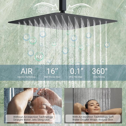 Dasan Thermostatic Dual Shower Head System with 6 Body Jets, 6-Inch Shower Head & 16” Rainfall Shower, Luxury Matte Black Shower Faucet Set Rain Shower Head System for Couples/ 2-Person