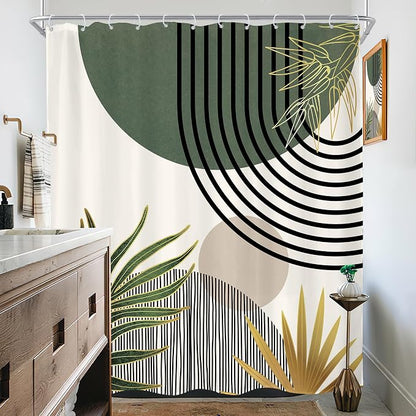 KOMLLEX Mid Century Green Boho Abstract Modern Bathroom Shower Curtain Set | 72Wx78L Gold Plant design, waterproof HD print with fast-drying fabric and 12 hooks.