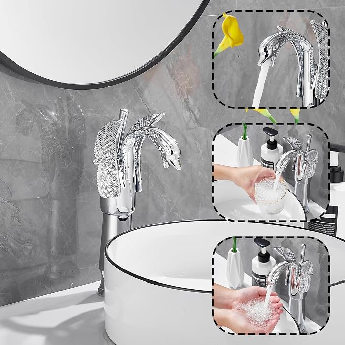 Chrome Swan Shape Single Handle One Hole Bathroom Vessel Sink Faucet Deck Mount Lavatory Sink Faucet