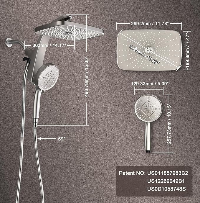 12" High Pressue Rain Shower Head with Handheld, 9 Sprays Hand Showerhead | Shower Heads with Handheld Spray Combo, Dual Head, Built-in Magnetic Docking, Power Jets, 59" Shower Hose, Nickel 1.75GPM