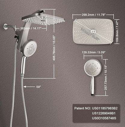 12" High Pressue Rain Shower Head with Handheld, 9 Sprays Hand Showerhead | Shower Heads with Handheld Spray Combo, Dual Head, Built-in Magnetic Docking, Power Jets, 59" Shower Hose, Nickel 1.75GPM