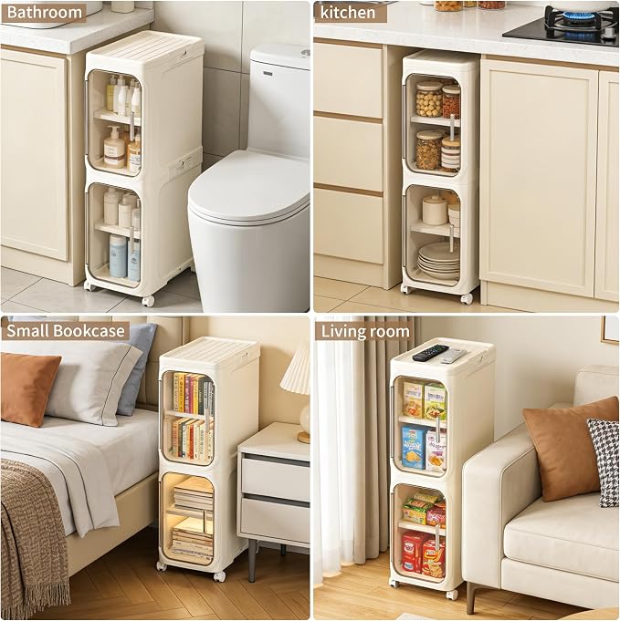 Narrow Storage Cabinet,2-Tier Slim Bathroom Organizer with Wheels,Beige | Turns Unused Narrow Spaces into Organized Storage Slim Outside Spacious Inside Rolls Smoothly Locks Securely Snap Assembly