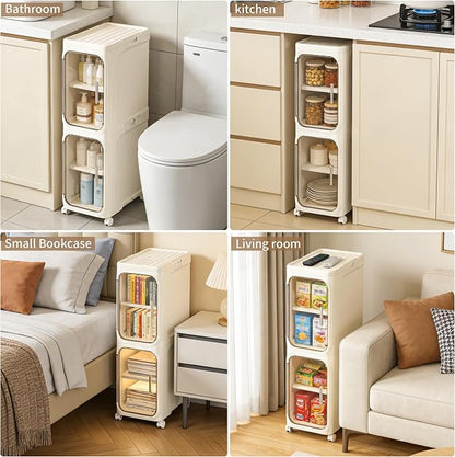Narrow Storage Cabinet,2-Tier Slim Bathroom Organizer with Wheels,Beige | Turns Unused Narrow Spaces into Organized Storage Slim Outside Spacious Inside Rolls Smoothly Locks Securely Snap Assembly