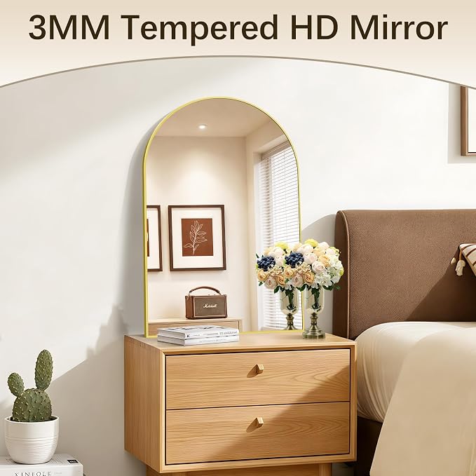 Arched Bathroom Mirror 16x24 Inch, Bathroom Mirror for Over Sink, Wall Mounted Vanity Mirror with Aluminum Frame & Tempered Glass, Ideal for Bedroom, Entryway, Living Room, Gold