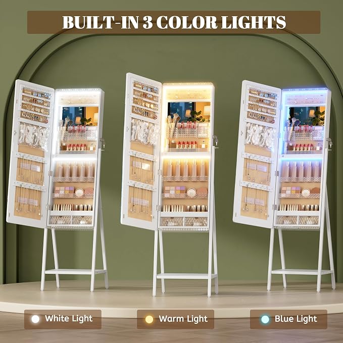 LVSOMT Jewelry Armoire Cabinet Standing, Full Length Mirror with Storage | Space-saving Mirror with Jewelry Storage, Built-in LED Makeup Mirror, Jewelry Organizer Cabinet for Women, White