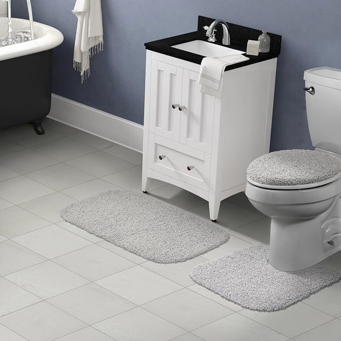 Garland Rug Jazz Nylon Washable 3 Piece Set (Lid, Contour, 21" x 34" Mat) Platinum Gray Bath Rugs Soft, Absorbent, and Stylish for Your Bathroom