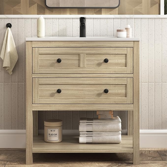 30 Inch Bathroom Vanity with Sink, Farmhouse Storage Cabinet with Drawers & Open Storage Shelf, Easy Assembly, Adjustable Feet, Oak