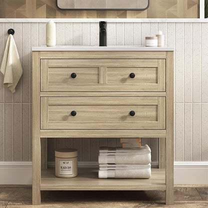 30 Inch Bathroom Vanity with Sink, Farmhouse Storage Cabinet with Drawers & Open Storage Shelf, Easy Assembly, Adjustable Feet, Oak