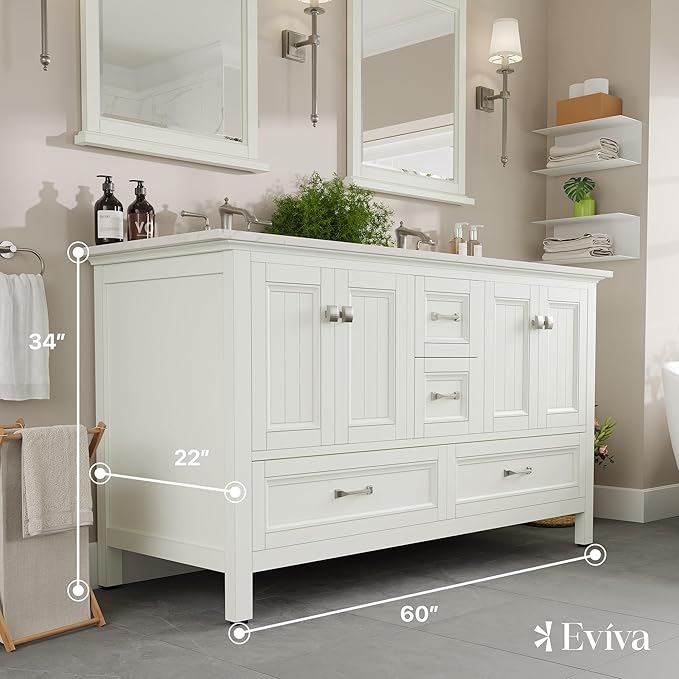Eviva Britney 60 in. White Double Sink Bath Vanity with Carrara Quartz Top and Undermount Porcelain Sinks
