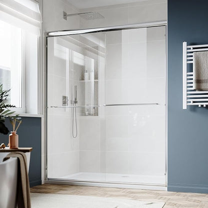 SUNNY SHOWER Double Sliding Glass Door 60" W x 72" H Shower Door 1/4" Tempered Glass Sliding Door Semi-Frameless Shower Glass Enclosure Bypass Walk in Shower Cabin, Chrome Finished