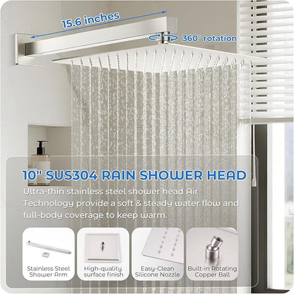 Brushed Nickel Shower Faucet Set, 10 inch Rain Shower System w/Pressure Balance Valve, Wall Mounted 2-Functions Bathroom Shower Systems w/Rain Shower and Handheld Spray Shower Trim Included