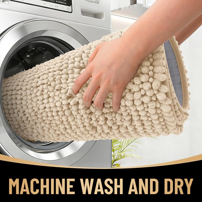 OLANLY Thick Chenille Bathroom Runner Rugs 47x17, Absorbent Bath Mat, Beige | Soft Bath Rugs, Rubber Backing, Machine Wash Dry, Bath Mats for Bathroom, Tub and Shower, Home Decor Accessories