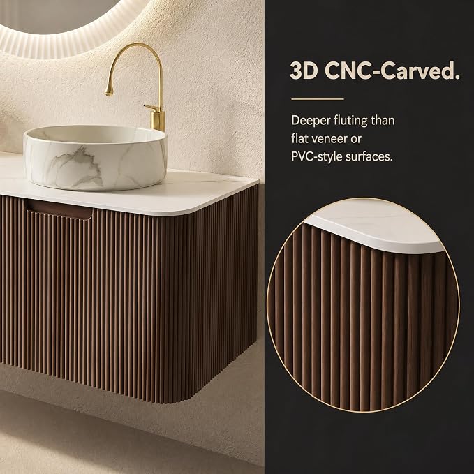 48 Inch Bathroom Vanity with Sink, Floating Wall Mounted Single Sink Vanity, Dark Walnut Curved Fluted Front, Stone Top, Marble-Look Round Vessel Basin, Pre-Assembled