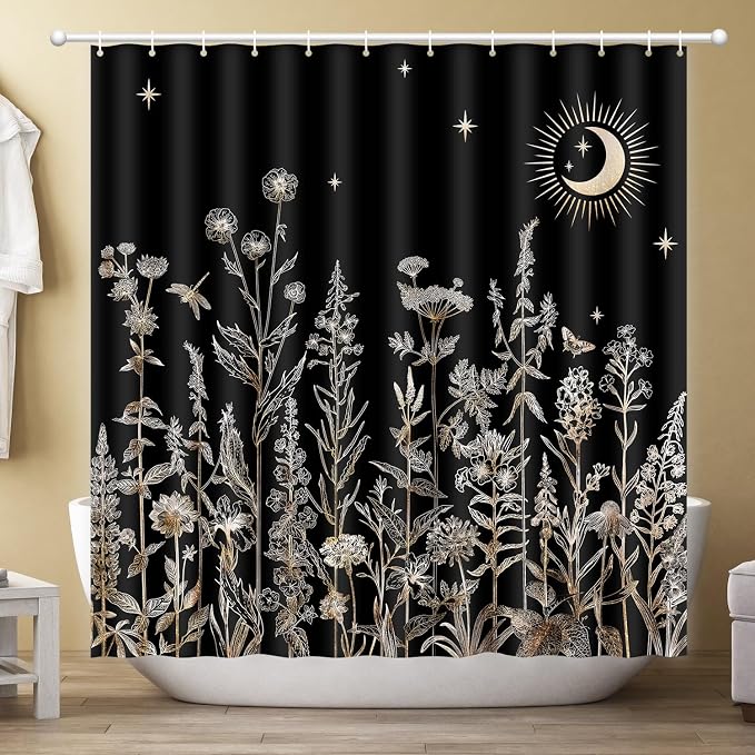 Shower Curtain Black Floral, Vintage Botanical Flowers Shower Curtain for Bathroom with Hooks, Polyester Waterproof shower curtain Machine Washable Farmhouse Home Decor Bath Curtain 72x72 Inch