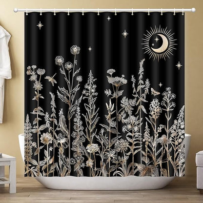 Shower Curtain Black Floral, Vintage Botanical Flowers Shower Curtain for Bathroom with Hooks, Polyester Waterproof shower curtain Machine Washable Farmhouse Home Decor Bath Curtain 72x72 Inch