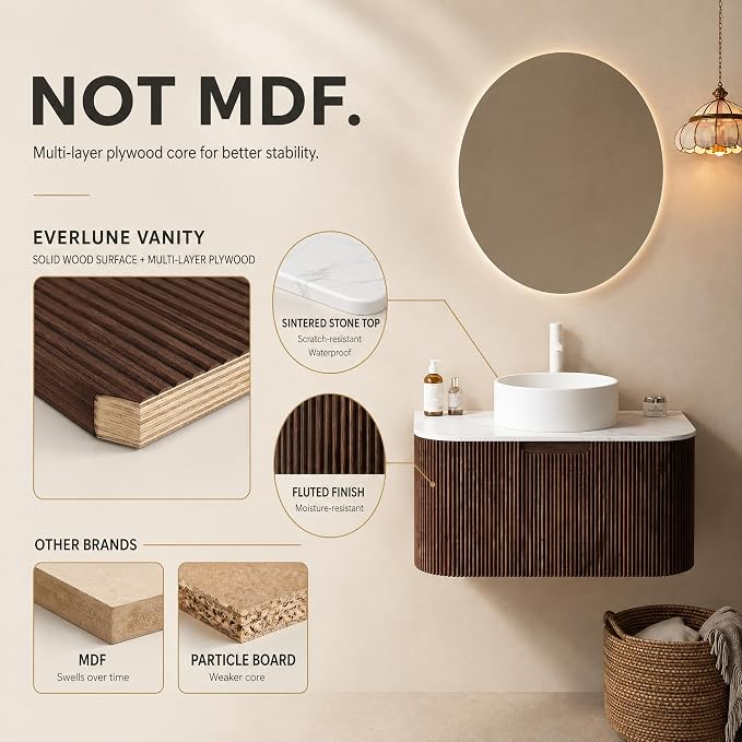 30 Inch Bathroom Vanity with Sink, Floating Wall Mounted Single Sink Vanity, Dark Walnut Curved Fluted Front, Stone Top, Pure White Round Vessel Basin, Pre-Assembled