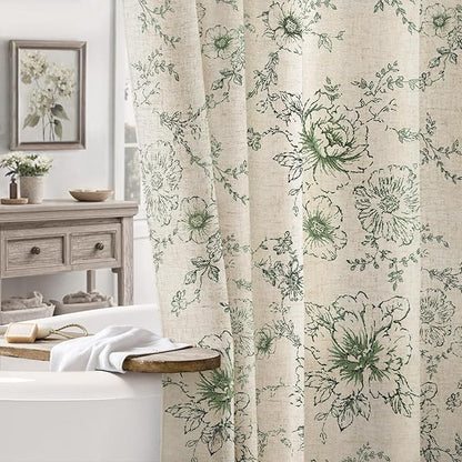 Farmhouse Floral Linen Shower Curtain, Vintage Green Pattern Rustic Shower Curtains for Bathroom, Tan Taupe,60x72