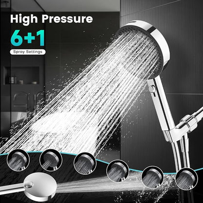 PWERAN Filtered Shower Head with Handheld, High Pressure 4 Spray Mode Showerhead with Filters, Water Softener Beads for Hard Water with ON/OFF Switch for Pets (Chromium Silver, 5 Inch Panel)