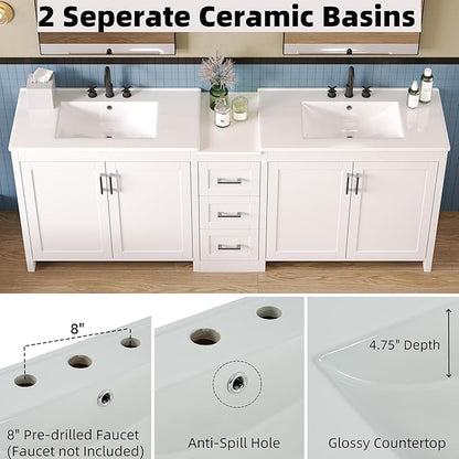 Merax 84 Inch Double Sink Bathroom Vanity with Quartz Countertop & Ceramic Basins, Bathroom Sink Vanity with Large Storage, Adjustable Shelves, 3 Drawers, Soft Close Hinges, Silver Handles, White