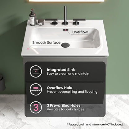 24" Bathroom Vanity with Sink, Modern Floating Vanity with Double Soft Closing Drawers, Large Storage for Small Space, Space Gray, Fully Assembled - Iris Collection