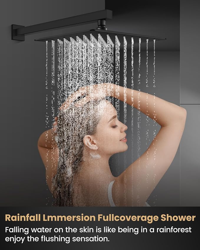 Airuida 10 Inch Matte Black Shower Faucet Set,Shower Valve Kit | Rainfall Shower Head and Handle Set,Female Thread Rough-in Valve Shower Kit,Single Function Shower System