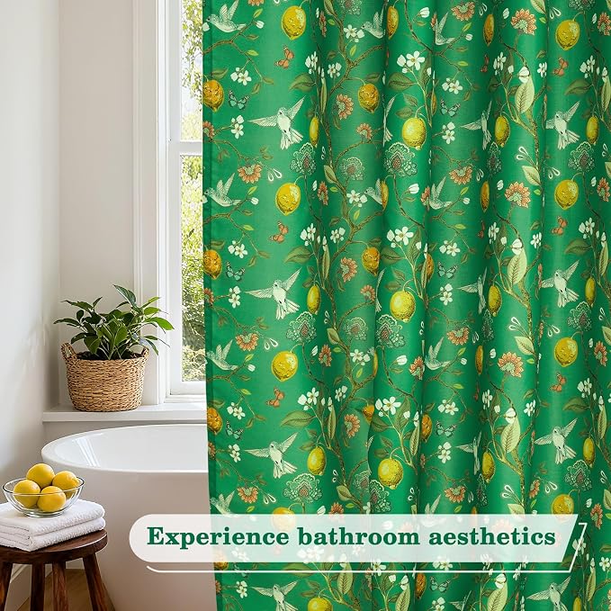 Green Floral Bird Shower Curtain 72x72, Hummingbird and Lemon Botanical Fabric Bath Curtains, Lightweight Quick-Dry Bathroom Decor Set with Hooks, Deep Green