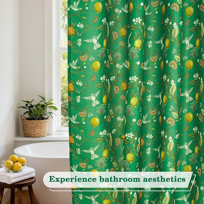 Green Floral Bird Shower Curtain 72x72, Hummingbird and Lemon Botanical Fabric Bath Curtains, Lightweight Quick-Dry Bathroom Decor Set with Hooks, Deep Green