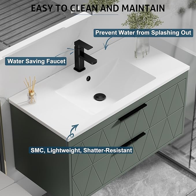 eclife 36" Bathroom Vanities Cabinet with Sink Combo, Wall Mounted Floating Cabinet W/Decor Line, Soft-Close System, 2 Extra Big Drawers, Matte Black Faucet, Gray Green