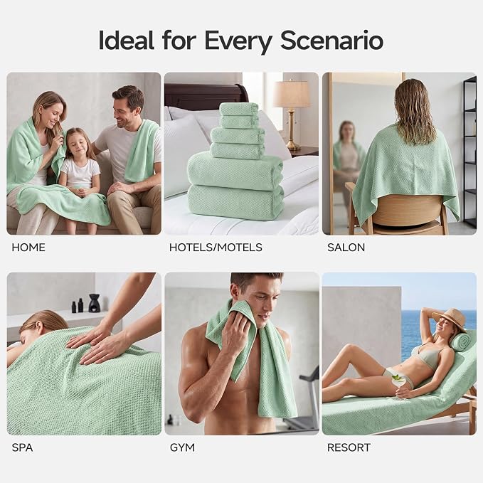 REDKISS Ultra Soft 6 Piece Towel Set, Premium Towels for Bathroom, Highly Absorbent, Quick Dry, Lightweight Bath Towels Set Collection, Includes 2 Bath Towels, 2 Hand Towels, 2 Washcloths, Green
