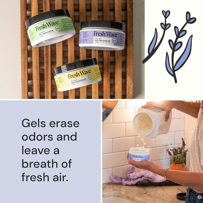 Fresh Wave Odor Eliminator Gel 2-Pk 15oz & 7oz Air Freshener, Mix Pack | Plant-based formula. No parabens or harsh chemicals. EPA Safer Choice. Bathroom & closet odor absorber. Refillable.