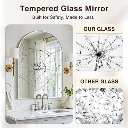 Arched Bathroom Vanity Mirror for Over Sink, 32”x30”, Silver | HD Tempered Glass, Anti-Rust Metal Frame, Hanging or Leaning, Wall Mirrors for Bathroom Sink, Bedroom, Living Room, Entryway