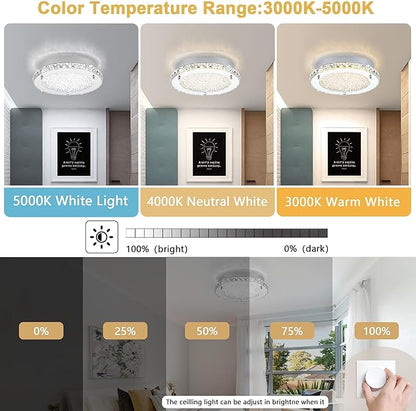 Crystal Flush Mount Ceiling Light 18W LED Dimmable Modern Ceiling Light for Bedroom, Closet, Foyer, Hallway, Dia 11 Inch, 3 Color Change