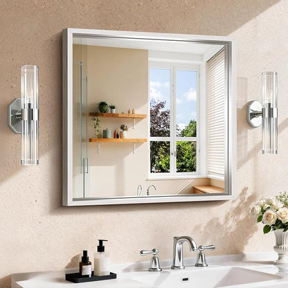 CIRCUMI 24"x24" Brushed Silver Bathroom Mirror, Square Mirror for Vanity | Chunky Box Metal Frame, Shatterproof, Tempered Glass, Bathroom Remodel&New Home,Wall Mirror for Over Sink,Living Room,Hallway