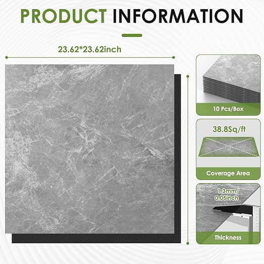 RORA 24x24 Inch Peel and Stick Floor Tile 10-Pack Waterproof Vinyl | Covers 40 Sq.Ft, Self-Adhesive, Easy DIY install, Grey Marble Vinyl Floor Tiles for Bathroom, Kitchen, Laundry & Office