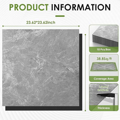 RORA 24x24 Inch Peel and Stick Floor Tile 10-Pack Waterproof Vinyl | Covers 40 Sq.Ft, Self-Adhesive, Easy DIY install, Grey Marble Vinyl Floor Tiles for Bathroom, Kitchen, Laundry & Office