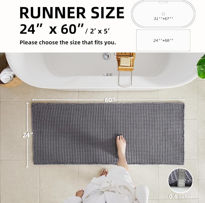 TYUU Waffle Runner Rug Bathroom, Long Boho Bath Mat, 60x24 Grey | Super Absorbent Quick Dry Bath Rug, Non-Slip Backing, Soft Waffle Washable Farmhouse Bathroom Mats, Tub, Shower & Home Decor