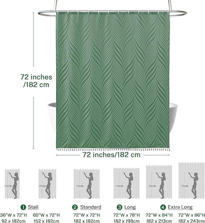 Green Boho Shower Curtain Woven Fabric Cute Shower Curtain, 72 x 72 Tufted Leaves Textured Striped Modern Farmhouse Minimalist Cloth Shower Curtains for Bathroom