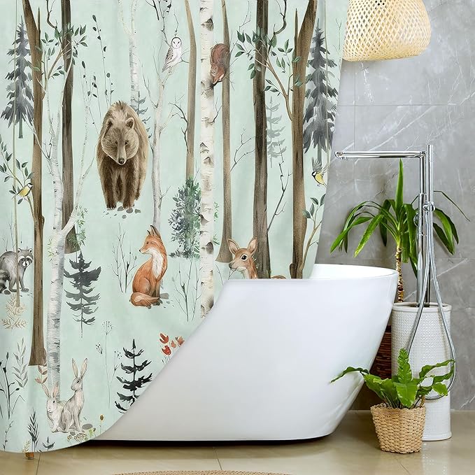 JAWO Rustic Forest Shower Curtain, Lodge Cabin Woodsy RV Wildlife Animals Woodland Campers Camping Bathroom Set with Hooks, 72X84 Inch, Teal
