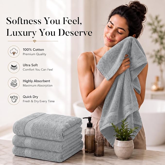 DAN RIVER 600 GSM Cotton Large Bath Towels Set of 4, 27 x 54 Inches, Silver | Larger & Lighter Weight Towels for Bathroom - Highly Absorbent & Quick Dry 100% Cotton Bath Towel Set for Home, Spa & Hotel
